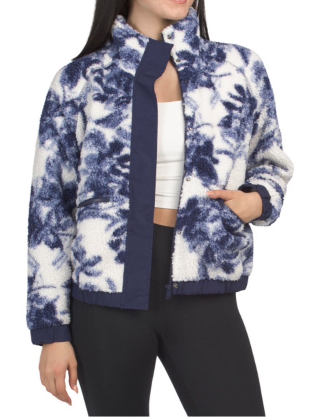 Aspen Plush Floral Print Sherpa Jacket - White & Navy